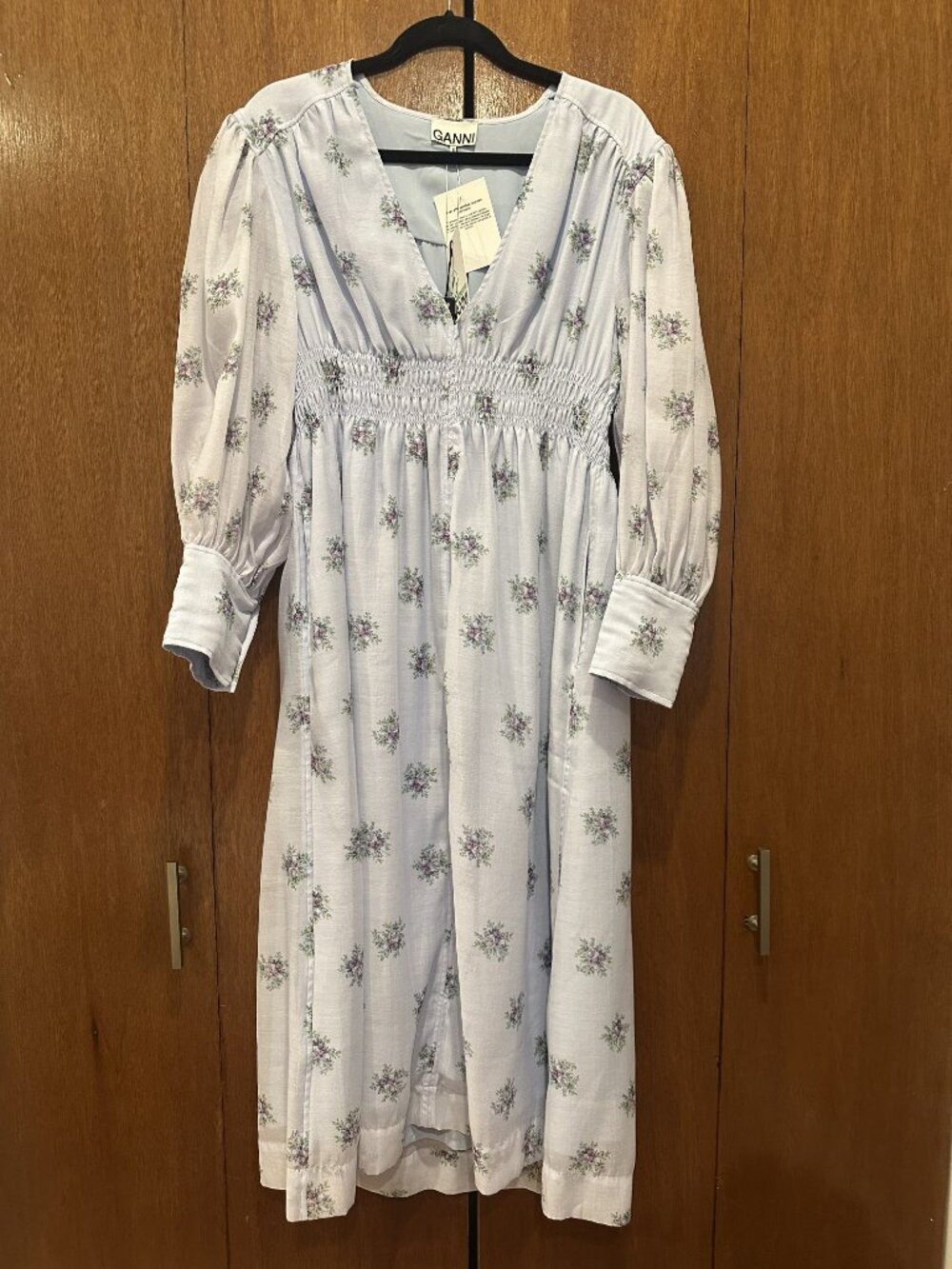 NWT GANNI Floral Smocked Midi Dress | Balloon Sleeves, V-Neck | Cottagecore - Picture 5 of 8